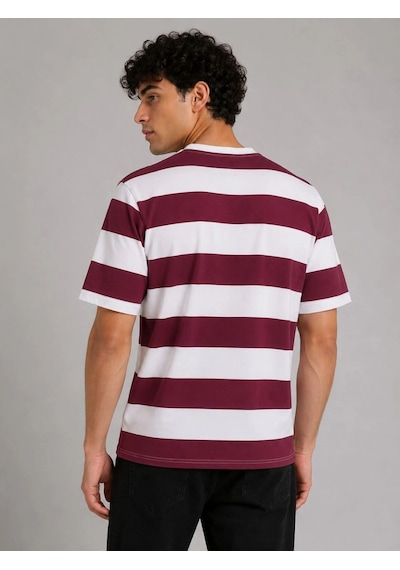 Novalisse Erkek Çizgili Oversize Tişört Bisiklet Yaka Kısa Kol Yazlık T-shirt - Bordo Çoklu Renk