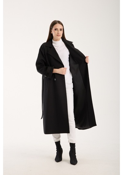 Siyah Kemerli Oversize Astarlı Trençkot 46159