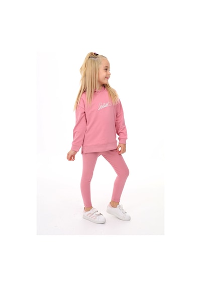 Toontoy Kids Toontoy Kız Çocuk 2'li Takım Baskılı Bisiklet Yaka Düşük Omuz Cepli Sweatshirt & Basic Düz Tayt Gül Kurusu