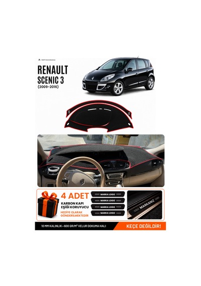 Renault Scenıc 3 2009-2016 Uyumlu Torpido Örtüsü, Torpido Kılıfı - Siyah-kırmızı - Re045