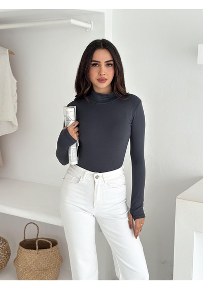 Kadın Yarım Balıkçı Yaka Parmak Geçmeli Full Likralı Buzz Body Antrasit