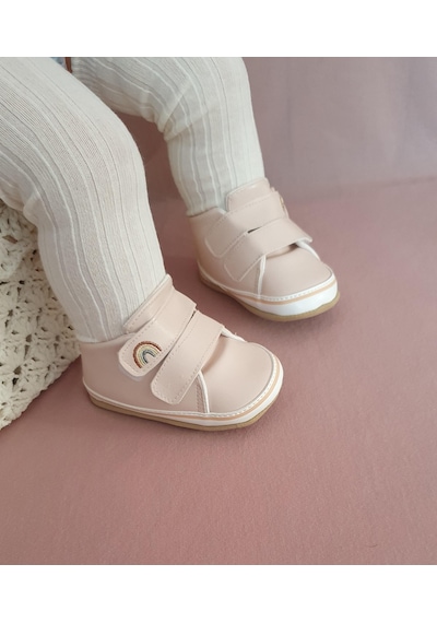 Pudra Gökkuşağı Nakışlı Cırt Cırtlı Kız Bebek Patik-g-2360 Pudra