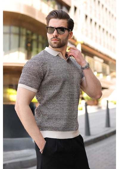 Madmext Taş Rengi Polo Yaka Regular Fit Erkek Triko Tişört E7496