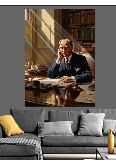 Kütüphanesinde Çalışan Atatürk Portresi Dekoratif Kanvas - Mdf Ahşap Tablo