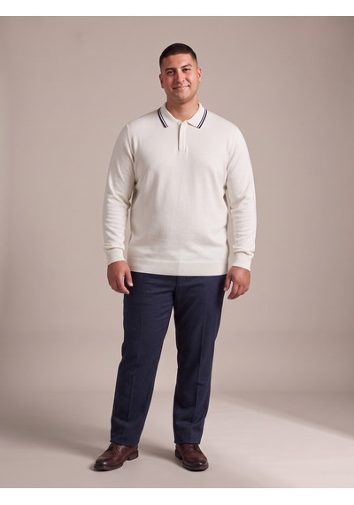 Maccali Erkek Beyaz Büyük Beden Gizli Fermuarlı Polo Yaka Triko Sweatshirt