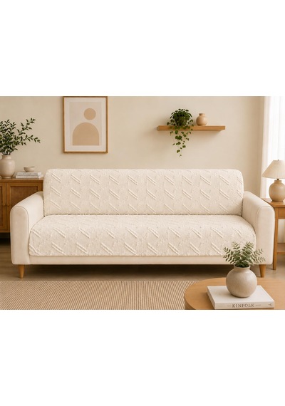 Sycamore Home Koltuk Örtüsü 175x215 Cm Çekyat Örtüsü, Kaymaz, Yıkanabilir, Lüks Kumaş Şönil Jakarlı Krem