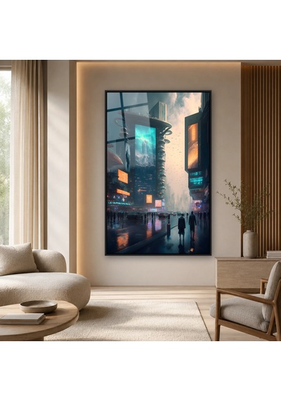 Neon Ekranlı Yağmurlu Cadde Siyah Çerçeveli Cam Tablo