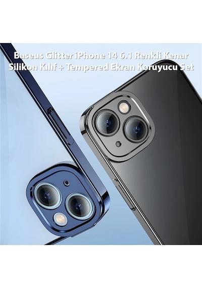 Baseus Glitter İphone 14 6.1 Renkli Kenar Silikon Kılıf + Tempered Ekran Koruyucu Set- 5775
