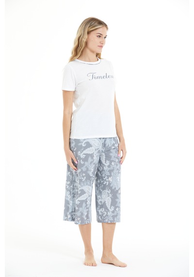 Lılac Kadın Çiçek Desenli %100 Viscon Capri Pijama Takımı AÇIK GRİ