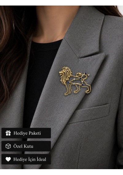 Hediye Aslan Burcu Kadın Broş Gold Renk Taşlı Zodyak Rozet Açık Gri