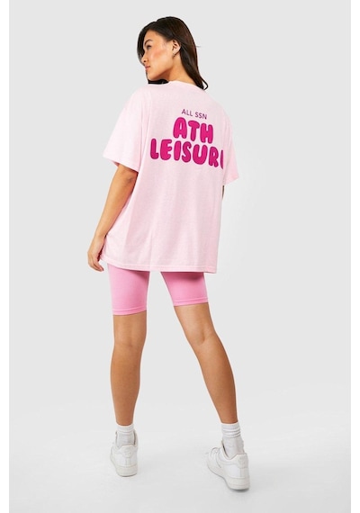 Ath Leisure T-shirt - Pembe Baskılı Oversize Bisiklet Yaka Kısa Kol Tişört Pembe