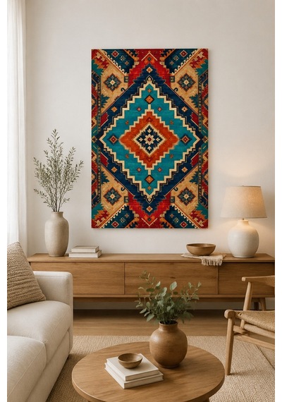 Türk Halı Desenli Baskılı Cam Tablo Boho Modern Dekoratif Duvar Tablosu
