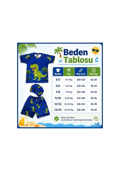 Rony Pony Kids Erkek Çocuk Dinozor Desenli Mayo Takımı 3 Parça Uv Korumalı Tişört Şort Bone Mavi Yeşil Rony Pony Kids Erkek Çocuk Dinozor Desenli Mayo Takımı 3 Parça Uv Korumalı Tişört Şort Bone Mavi Yeşil