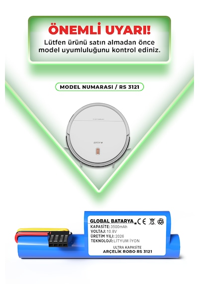 Arçelik Robo Rs 3121 Robot Süpürge Bataryası 10.8v 3500mah Li-ion Pil  Kapasite