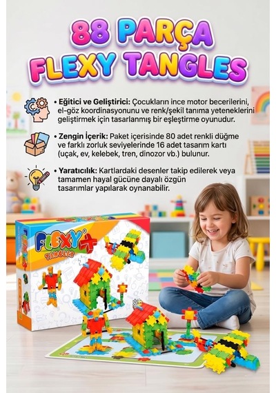 88 Parça Flexy Tangles Esnek Geometrik Şekilli Zeka Geliştiren Eğitici Yapı Oyuncak Seti