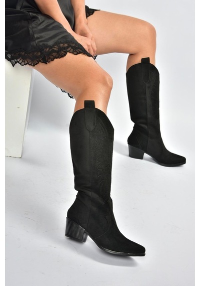 Fox Shoes V820356002 Siyah Süet Kalın Topuklu Kadın Çizme Siyah