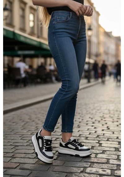 In Step Ropee Street Style Yüksek Taban Siyah Beyaz Kadın Sneaker