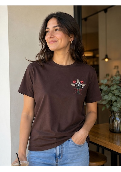 Yubistitch Tshirt Nakış İşlemeli Demet Çiçek- Penye-kahverengi