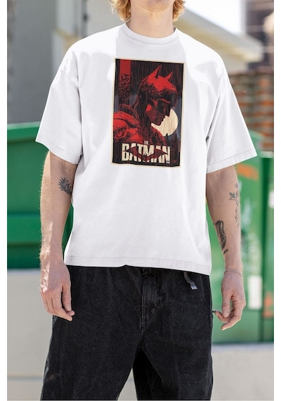 Dc Kahraman The Batman Baskılı Unisex Oversize Tişört Beyaz
