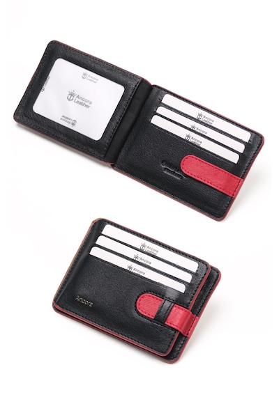 Ancora Leather Hakiki Deri-minimal Tasarım Kartlık-26205-kişiye Özel İsim Baskılı Siyah - Kırmızı