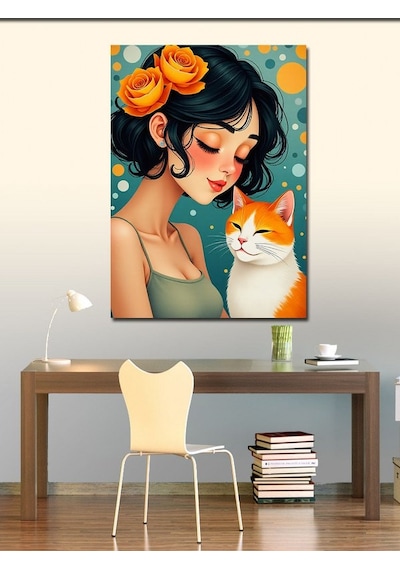 Kanvas Tablo Kedi Ve Şefkatli Kadın 100cmx140cm