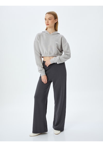 Koton Şardonlu Kapüşonlu Uzun Kollu Crop Oversize Sweatshirt Gri 5wak10099nk