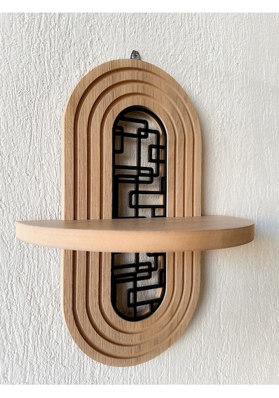 Ahşap Mdf Ortası Desenli Duvar Rafı - Labirent Desen