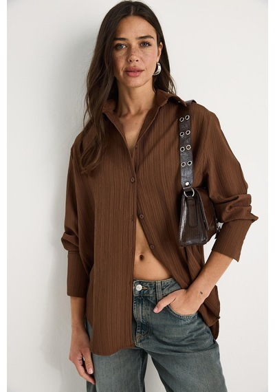 Shade Kadın Düşük Omuz Oversize Basic Bürümcük Gömlek 60392 60271069 - Kahverengi