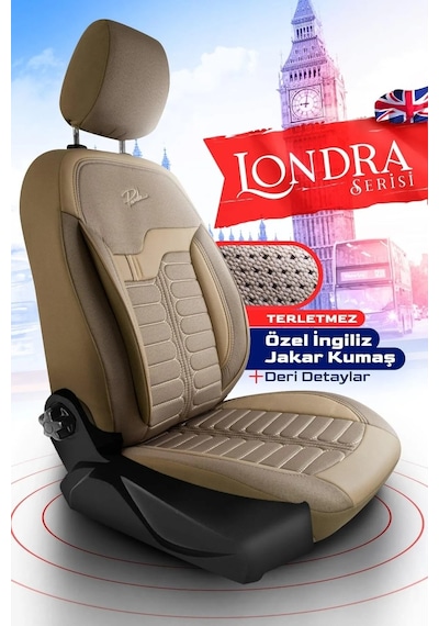 Bej - Bej Panda Londra Serisi İngiliz Jakar Kumaş Oto Koltuk Kılıfı - Tam Set