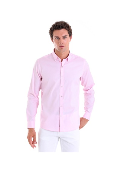 Hatemoğlu Pembe Comfort Fit Düz 100% Pamuk Düğmeli Yaka Uzun Kollu Casual G Pembe