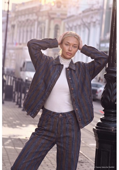 Kadın Kahve Kot Çizgili 1w6-7 Oversize Denim Ceket