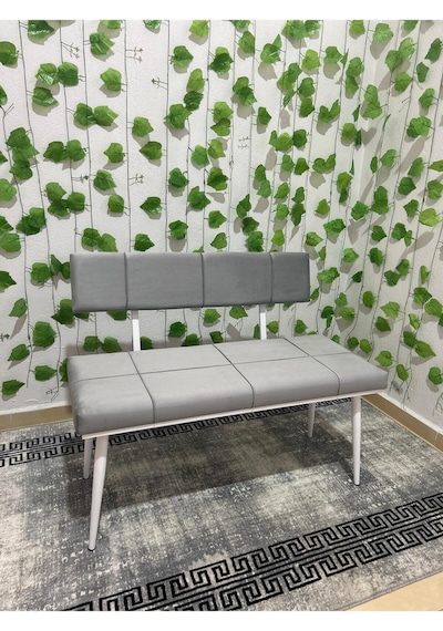 Özcan Metal Beyaz Metal Ayaklı Sırtlı Gri Mutfak Salon Antre Yatak Odası Puf Bank Oturak Bench Gri
