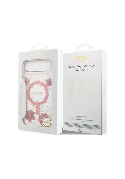 Apple Uyumlu iPhone 17 Air Kılıf Guess Lisanslı M-safe Şarj Özellikli Transparan Resin Flowers Kapak Pembe Pembe
