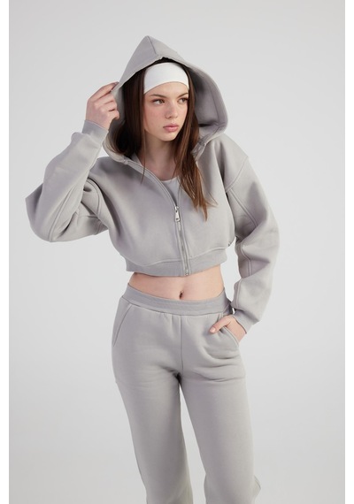 Holly Lolly Kadın Gri Kapüşonlu Uzun Kol Fermuarlı Crop Mixed Sweat