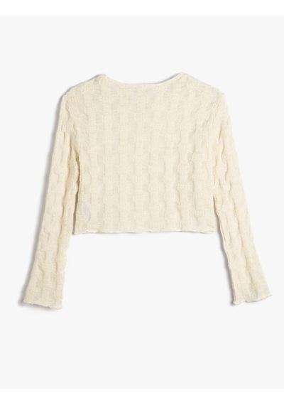 Koton Crop Sweatshirt Dokulu Uzun Kollu Bisiklet Yaka Ekru 4wkg10679ak Ekru