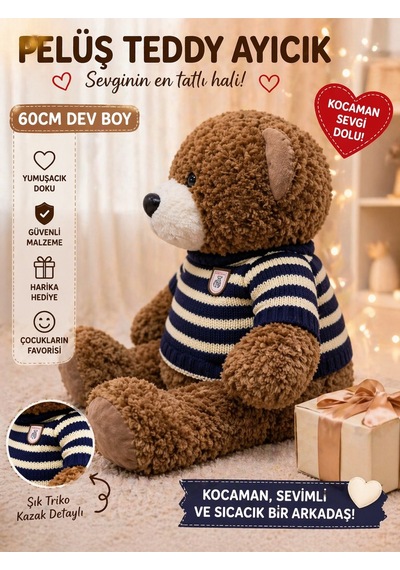 60 Cm Dev Peluş Teddy Ayıcık Yumuşacık Büyük Boy Sevimli Ayı Çizgili Kazaklı Mavi Çok Renkli
