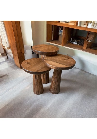 Simillo Wood Wooden Ahşap 3 Lü Set Fitilli Mantar Yan Sehpa Modern Ceviz Renk Fisko Kod:15948405111 Ceviz