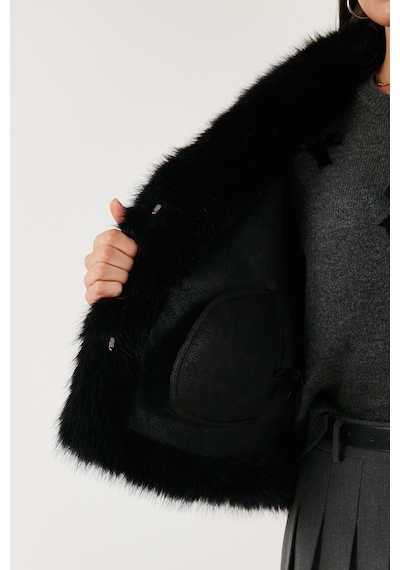 Lela Oversize Fit Gömlek Yaka Cepli Astarlı  Mont Bayan Kürk 497Berry Siyah