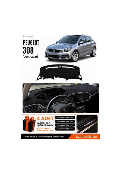 Peugeot 308 2014-2021 Uyumlu Torpido Koruma, Torpido Örtüsü, Torpido Kılıfı - Siyah Gri