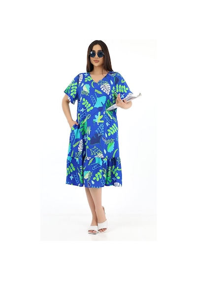 Schik Schık Kadın Viskon Yarım Kol V Yaka Cepli Fırfırlı Elbise Kırmızı Saks
