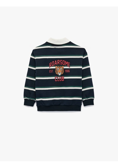 Koton Kaplan Baskılı Uzun Kollu Çizgili Polo Yaka Sweatshirt Lacivert Çizgili 7wmb10057tk