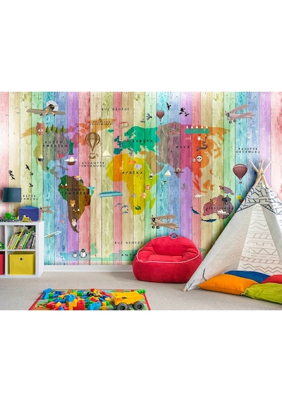 Renkli Ahşap Zemin Üzerinde Eğitici Dünya Haritası Duvar Kağıdı