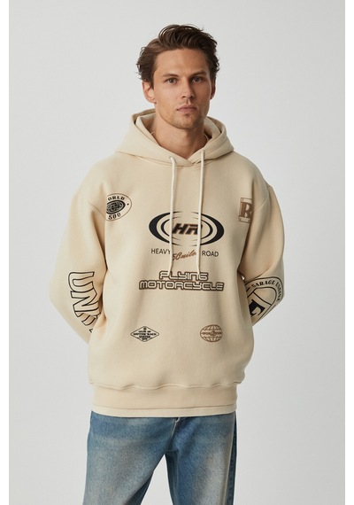 Grimelange Mıles Erkek Kapüşonlu Yumuşacık Oversize Bej Sweatshirt
