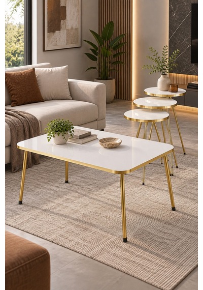 Sulorahome Gold Metal Ayaklı Beyaz 4'lü Sehpa Seti Beyaz - Altın