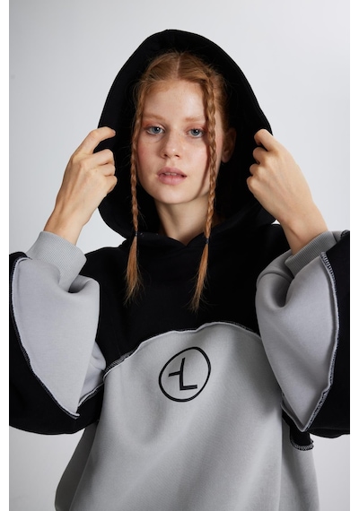 Holly Lolly Şardonlu 3 İplik Kumaş Oversize Kapişonlu Revenge Sweatshirt Gri