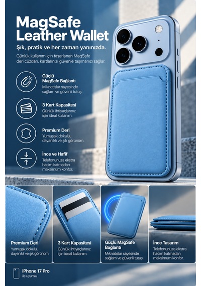 Premium Deri Magsafe Cüzdan Kartlık Açık Mavi