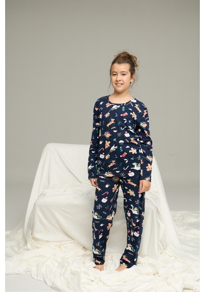 Siyah İnci Yılbaşı Desenli Pamuklu Bisiklet Yaka Örme Pijama Takım 25241140 Lacivert