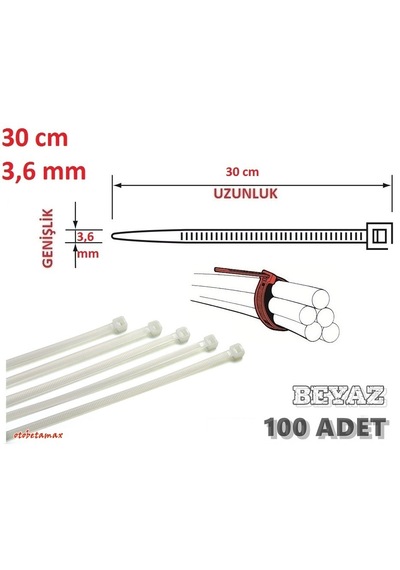 Pemsan 100 Adet 30cm X 3.6mm Plastik Cırt Kelepçe Beyaz Kablo Bağı 30cm