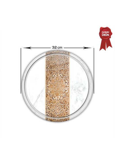 Kanallı Cam Kesme Tahtası - Arabesk Tek Şerit Desen - Çap32cm