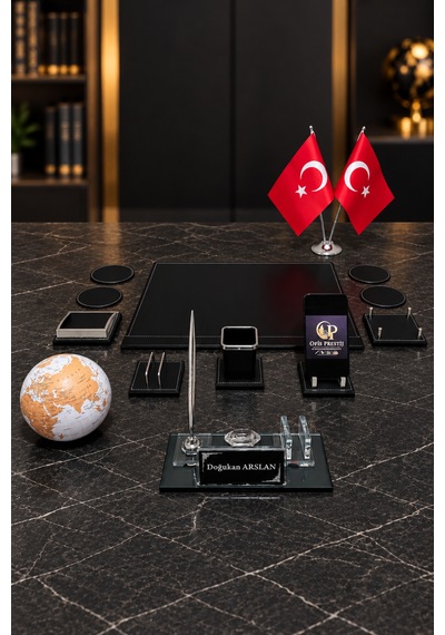 13 Parça Kristal Masa İsimlik Seti Kişiye Özel İsimli Lüks Ofis Sümen Takımı Türk Bayraklı